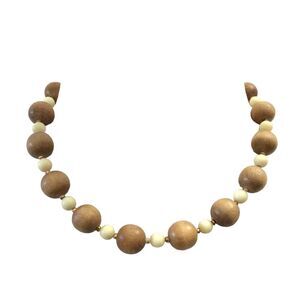 Vintage Chunky Wooden Beaded Necklace White Brown Round Wood Beads